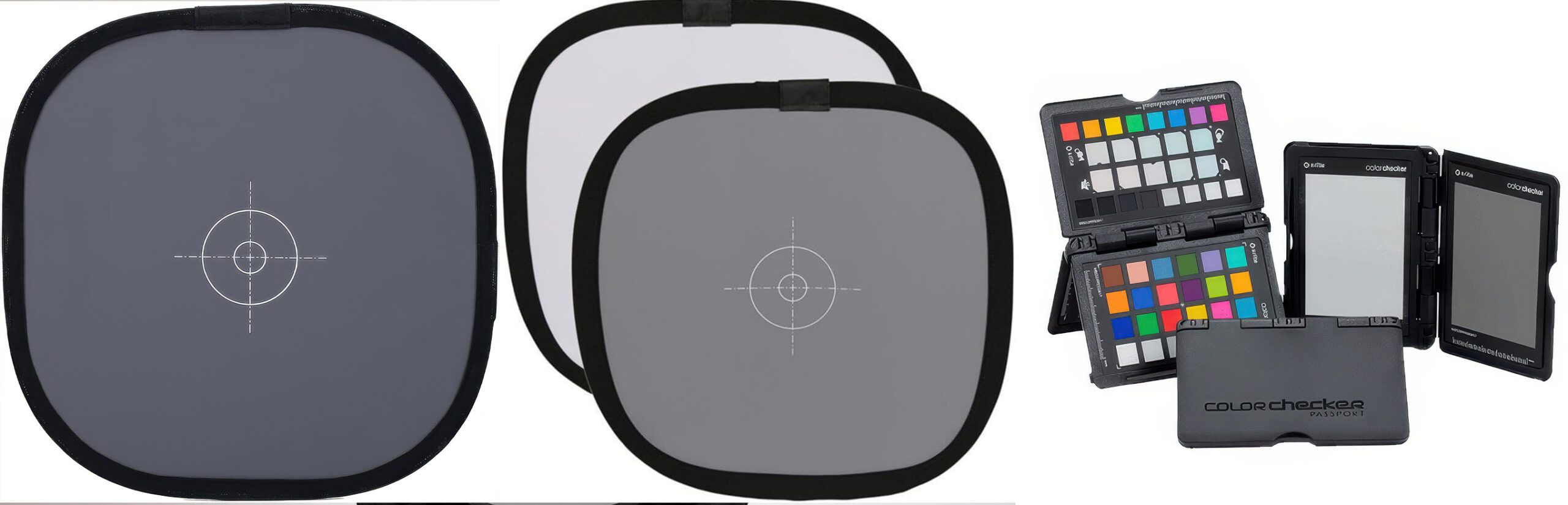 Les trois formats de chartes de référence en photographie : charte de gris simple, charte combinée gris et blanc Lastolite, et X-Rite ColorChecker Passport
