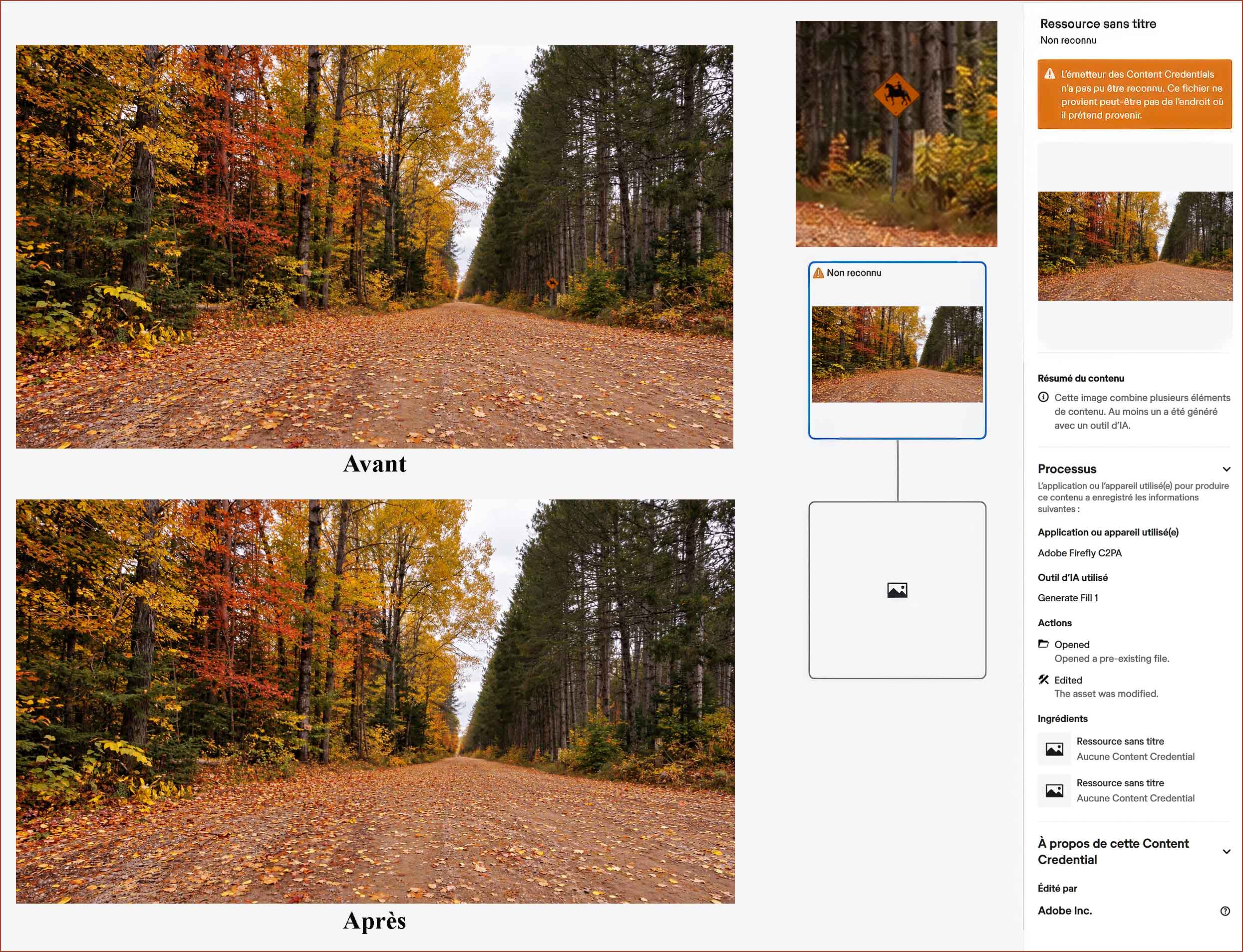 Comparaison avant et après d'un chemin de terre en automne, avec et sans l'enseigne orange au loin, à côté du panneau Content Credentials qui indique Generate Fill.