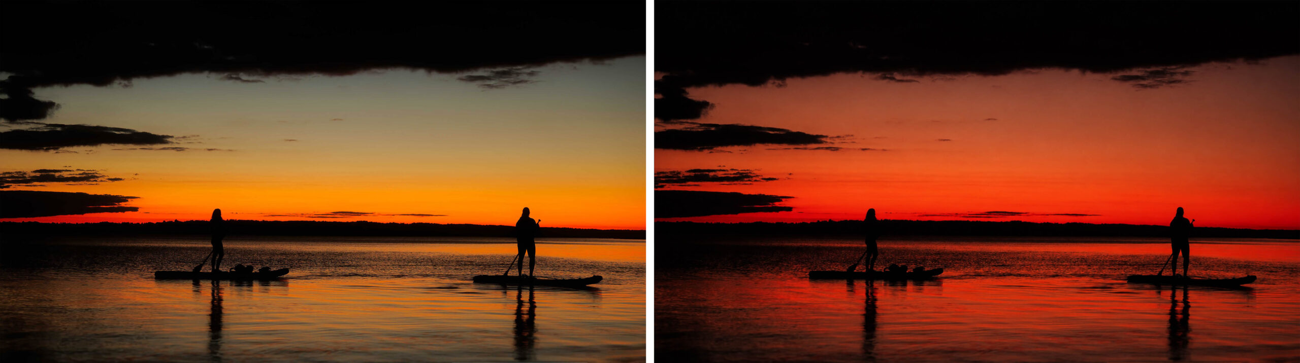 comparaison d'un coucher de soleil avec une balance des blancs automatique et une balance des blancs réchauffée