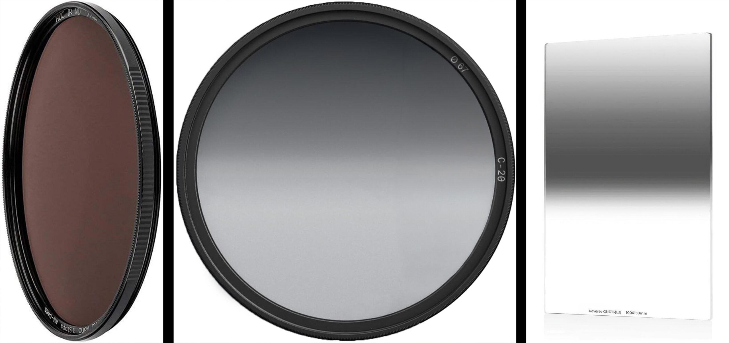 Comparaison visuelle entre un filtre ND uniforme, un filtre ND gradué et un filtre ND inversé sur fond blanc