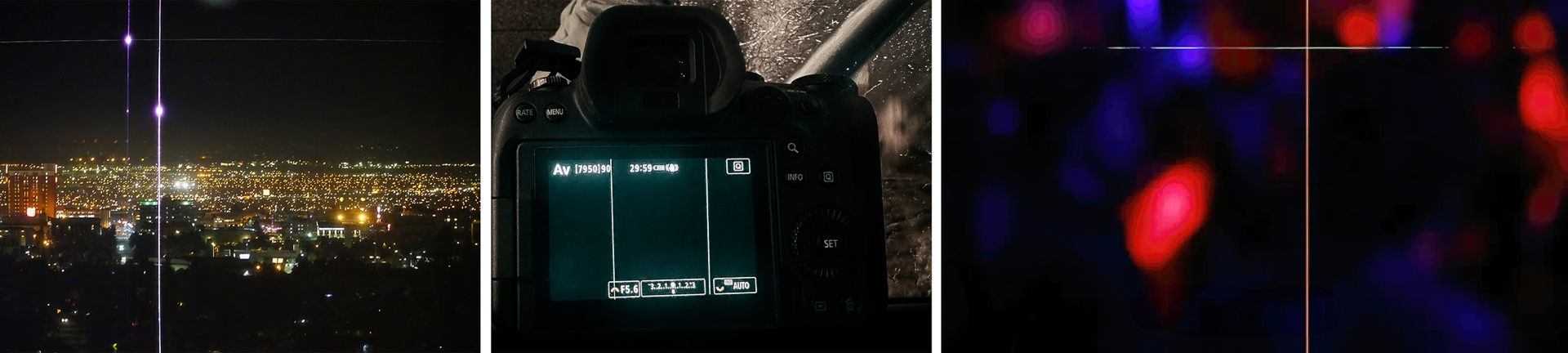 Triptique montrant un capteur endommagé par un laser : ligne d'artefact visible sur une photo de nuit, écran de l'appareil affichant les dommages, et artefacts colorés sur une autre image