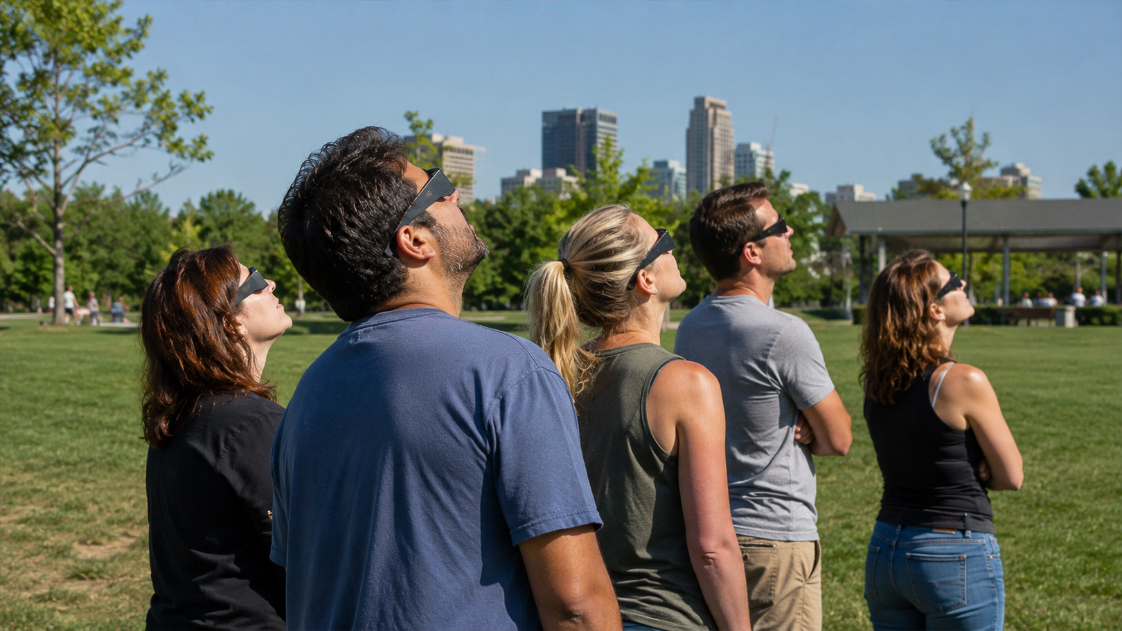 Groupe de personnes portant des lunettes d'éclipse certifiées en plein après-midi au Québec