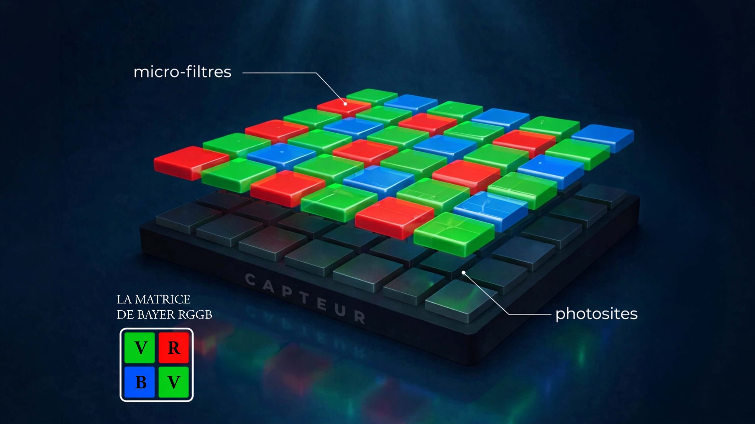 Illustration de la matrice de Bayer montrant les micro-filtres rouge vert bleu et les photosites du capteur photo