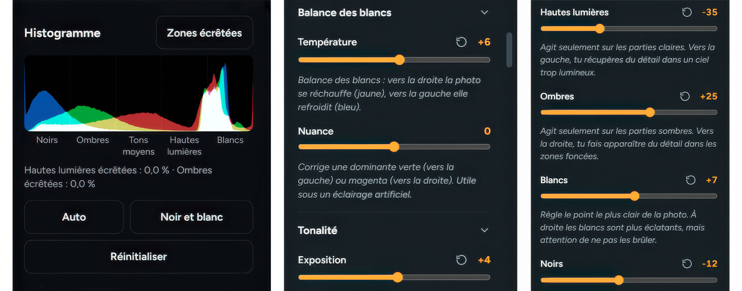 L'histogramme et les curseurs de réglage du Mini-Labo Photo