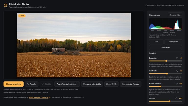 Le Mini-Labo Photo, un outil de retouche simple, ouvert avec une photo de paysage du Pontiac.