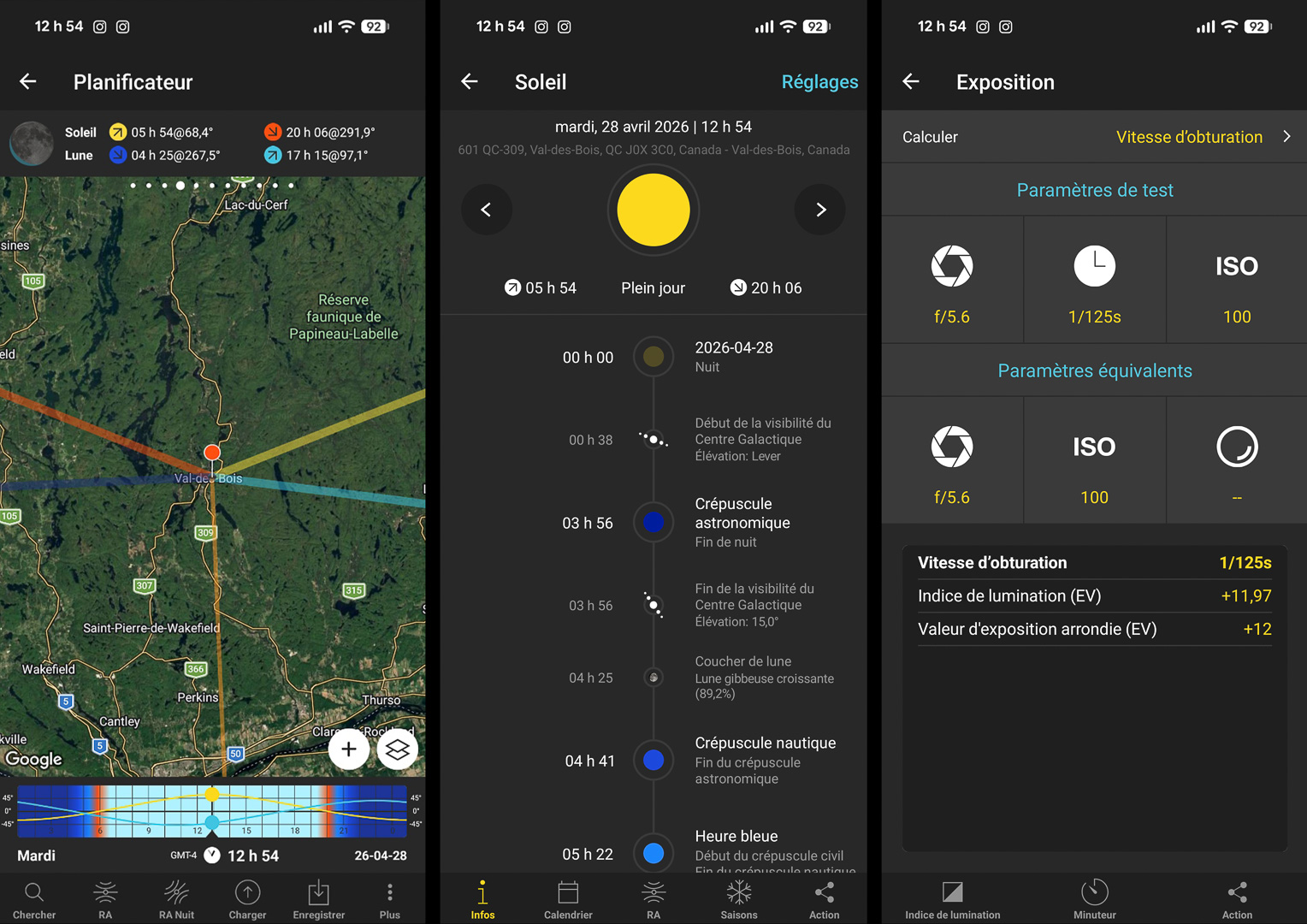 Interface de l'application PhotoPills sur smartphone montrant le planificateur avec la position du soleil sur une carte