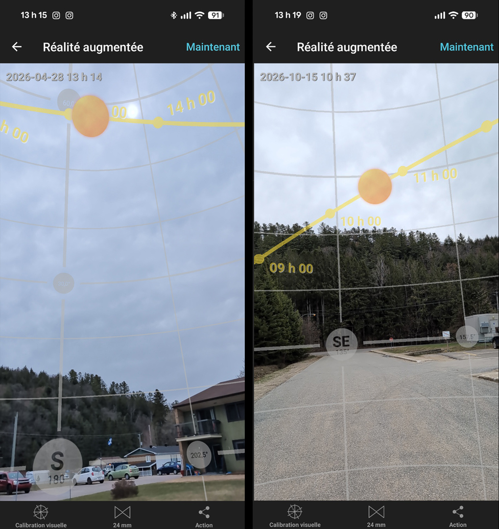 Fonction de réalité augmentée de PhotoPills montrant la trajectoire du soleil superposée sur un paysage en temps réel