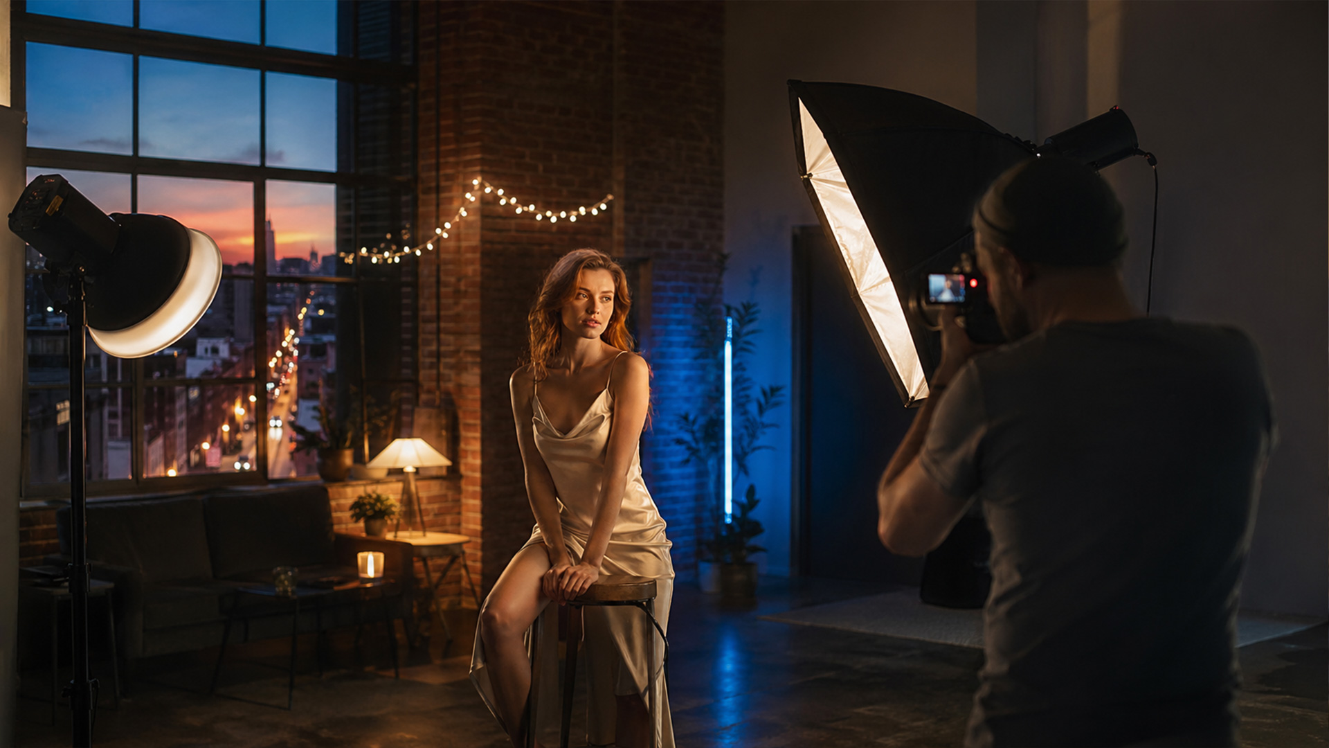 Photographe en studio avec plusieurs sources de lumière visibles : softbox, tube LED, lampe et lumière naturelle par la fenêtre